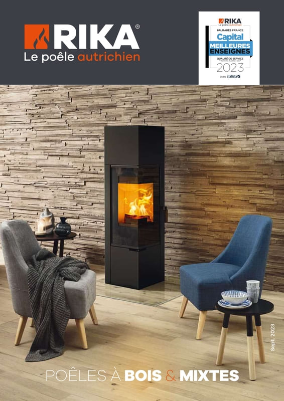 Premiére de couverture du catalogue poêles à bois de la marque Rika.